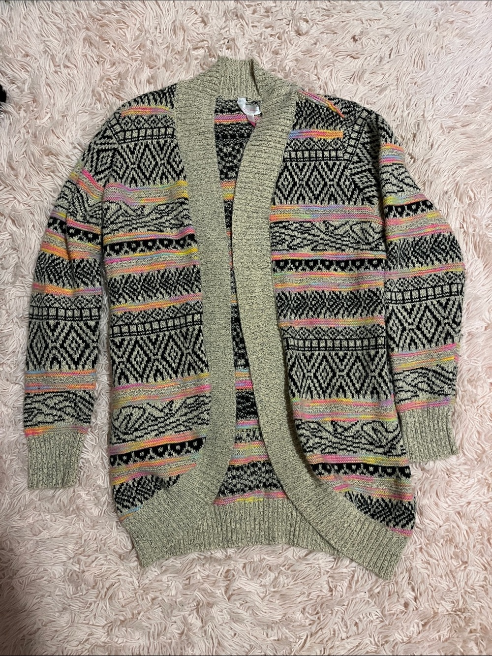 No Boundaries Neutral Knit Cardigan with Black Pattern and Pink Accent Stripes